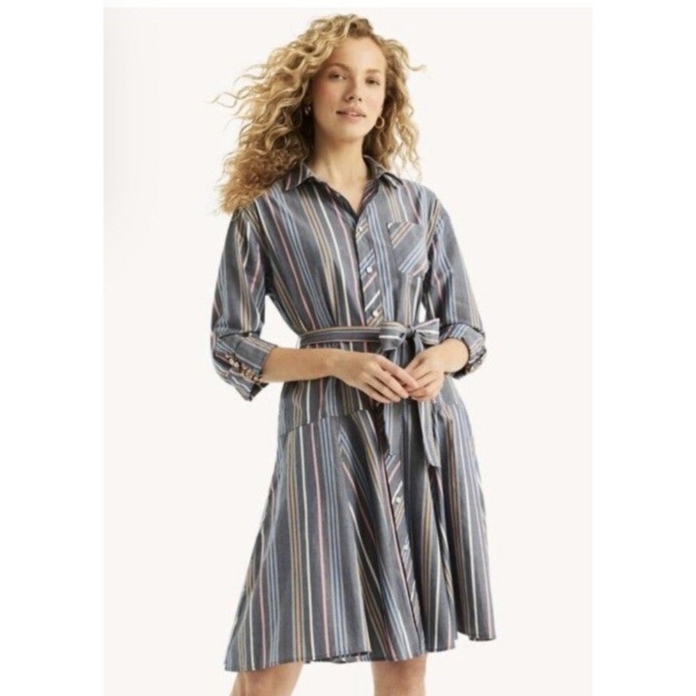 Nautica Women's Blue White Striped  Belted Button Down Dress Size XXL